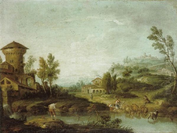 Hugelige Fluslandschaft Mit Hirten Und Einem Dorf Oil Painting by Giovanni Battista Cimaroli