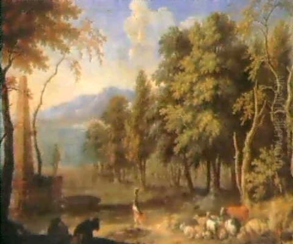A Herdsman Tending His Livestock At The Edge Of A Wood... Oil Painting by Giovanni Battista Cimaroli