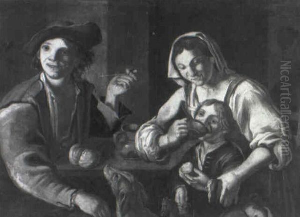 Peasant Family Eating And Drinking At A Table Oil Painting by Giacomo Francesco Cipper