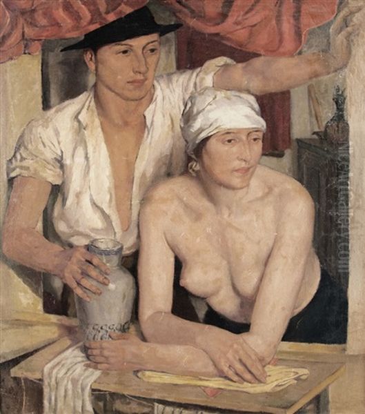 Young Couple Oil Painting by Johann Vincenz Cissarz