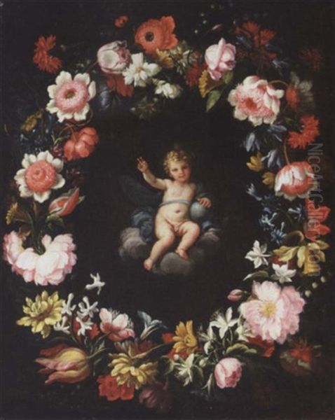 The Christ Child Surrounded By A Floral Garland Oil Painting by Pier Francesco Cittadini