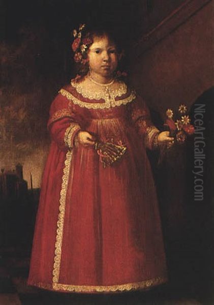 Portrait Of A Young Girl Wearing Red And Holding A Fan And Aposy Of Flowers Oil Painting by Pier Francesco Cittadini