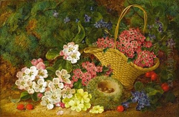 Flowers In A Basket And Eggs In A Nest On A Mossy Bank Oil Painting by George Clare