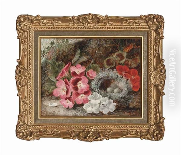 Primroses And An Egg Nest On A Mossy Bank Oil Painting by Oliver Clare