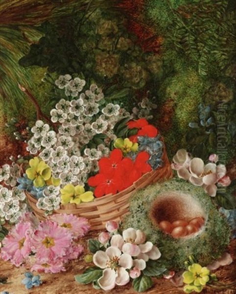 Still Life With A Basket Of Flowers (+ Still Life With A Basket Of Fruit; Pair) Oil Painting by Vincent Clare