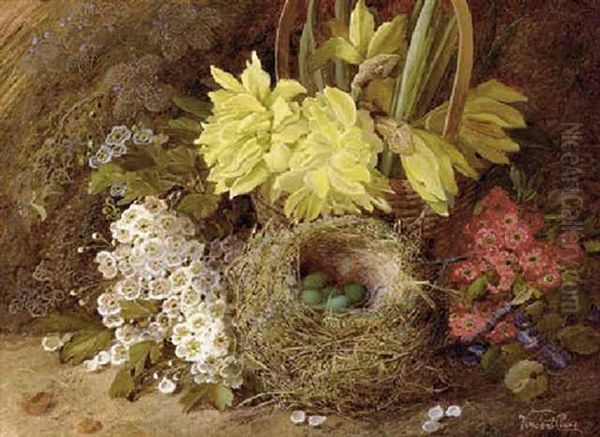 May Blossom, Violets, Primroses, Daffodils In A Wicker Basket, And Eggs In A Bird's Nest, On A Mossy Bank Oil Painting by Vincent Clare