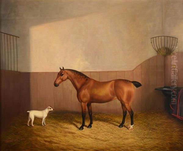 A Hunter Standing In A Stable; A Hunter And Terrier Standing In A Stable (2 Works) Oil Painting by Albert Clark