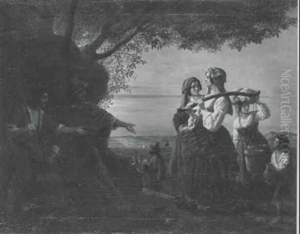 Junge Frauen Im Gesprach Mit Zwei Bettlern Vor Sudlicher    Landschaft Oil Painting by Lorenz Clasen