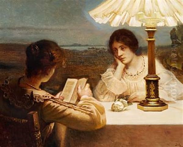Interior With Two Women At A Table By Lamp Light Oil Painting by Christian Clausen