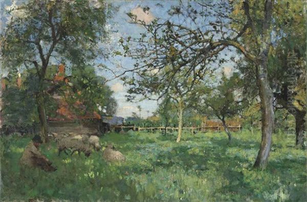 In The Orchard Oil Painting by Sir George Clausen