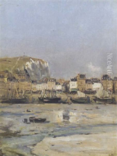 Sailboats Beached On The Shore Of A Seaside Town Oil Painting by Marie Joseph Leon Clavel