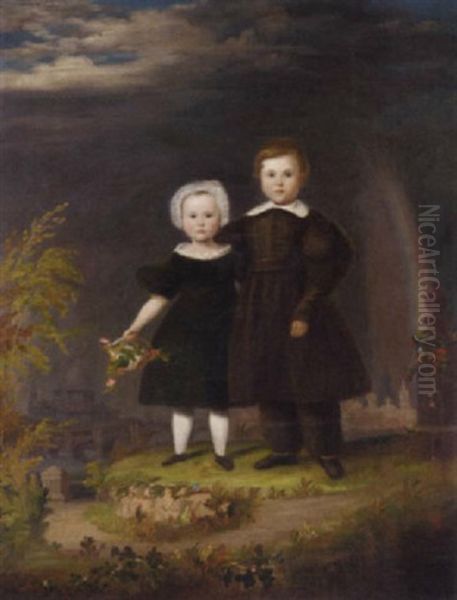 Portrait Of Two Children On A Mound Before St. Paul's Cathedral, Under A Rainbow Oil Painting by Marshall Claxton