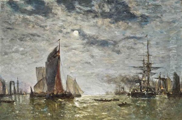 Vessels Moored Under The Moon Oil Painting by Paul Jean Clays