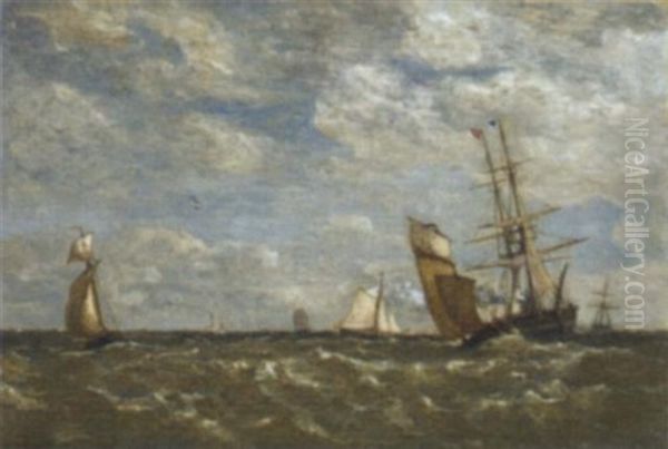 An Auxiliary Brig, Fishing Trawlers And A Cutter Yacht Off The Bishop's Rock Lighthouse Oil Painting by Paul Jean Clays