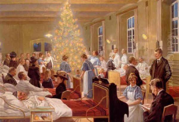 Juleaften Pa Hospitalet. Lysene Pa Det Hoje Juletrae Kaster Deres Glans Pa Stuen, Mens Der Spilles Op Til Sang Oil Painting by Gustav Adolf Clemens