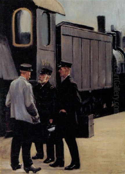 Jernbanefolk Ved Lokomotivet Oil Painting by Gustav Adolf Clemens