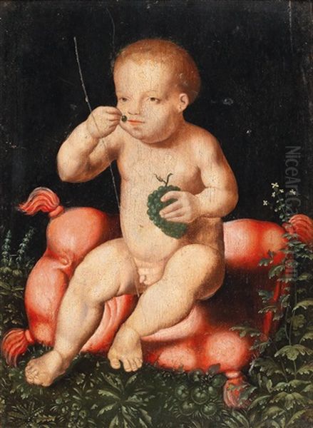 The Young Bacchus Seated On A Cushion Eating Grapes Oil Painting by Joos Van Cleve