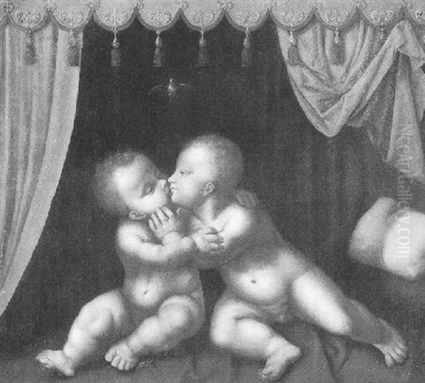 The Boys, Jesus And John, Kissing Oil Painting by Joos Van Cleve