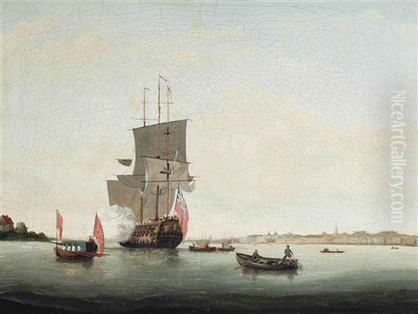 A British Man-o'war Saluting Her Departure From Her Anchorage On The Thames At Greenwich Oil Painting by John Cleveley