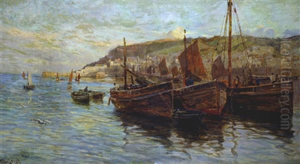 Harbour Scene At Newlyn Oil Painting by Tom Clough
