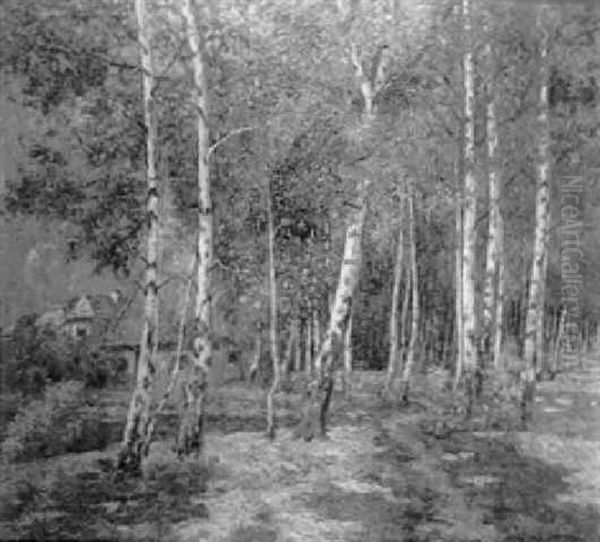Verdent Landscape With Birch Trees And White Houses Oil Painting by William Clusmann