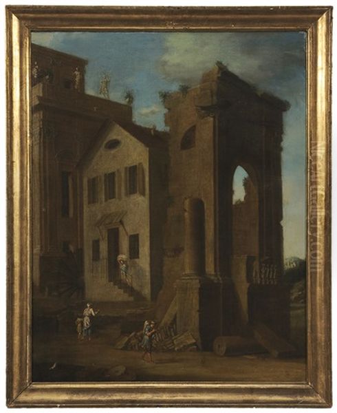 Townscape With Villagers Oil Painting by Leonardo Coccorante