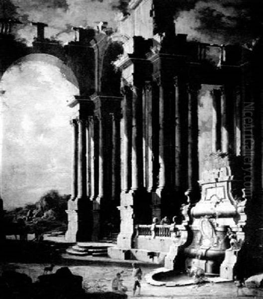 Animated View With Ruins And Figures Oil Painting by Leonardo Coccorante