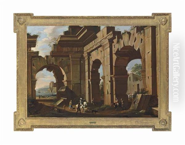 An Architectural Capriccio, With A Huntsman And Riders Among Ruins, The Sea Beyond Oil Painting by Viviano Codazzi
