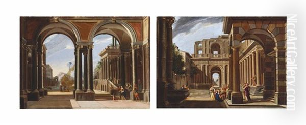 An Architectural Capriccio With Helena Leaving For Troy (+ An Architectural Capriccio With Achilles Amongst The Daughters Of King Lycomedes; Pair) Oil Painting by Viviano Codazzi