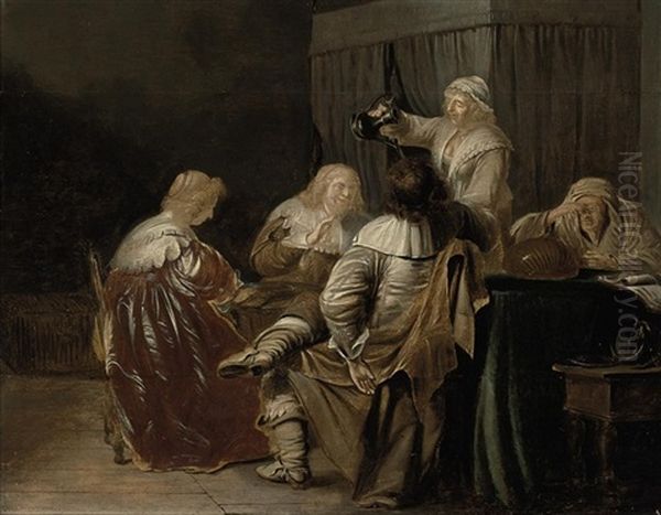 An Interior With Elegant Company Eating And Drinking Oil Painting by Pieter Jacobs Codde