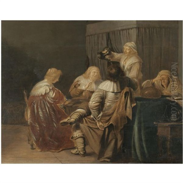 A Brothel Scene With Elegant Figures At A Table, A Maid Pouring Drinks And An Elderly Lady Counting Money Oil Painting by Pieter Jacobs Codde