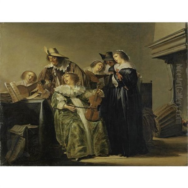 Concert In A Dutch Interior By A Chimney Oil Painting by Pieter Jacobs Codde