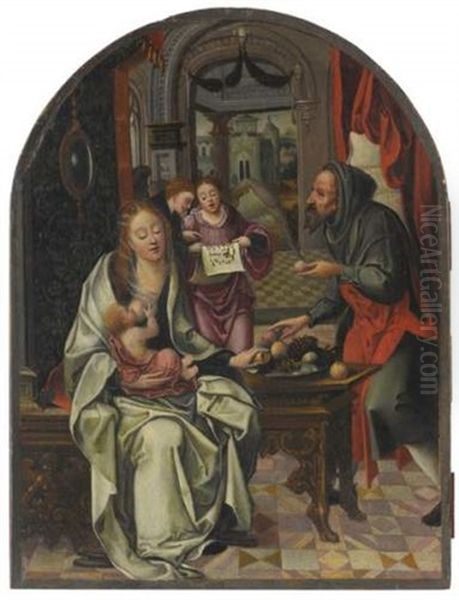 La Vierge A L'enfant Entouree D'anges Musiciens Et De Saint Antoine (?) Oil Painting by Pieter Coecke van Aelst the Elder