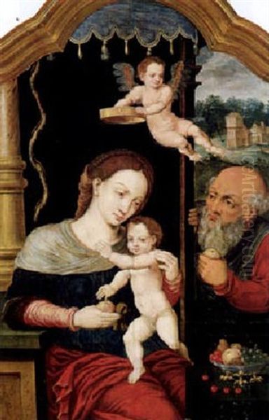 Die Heilige Familie Mit Einem Engel Oil Painting by Pieter Ii Coecke Van Aelst