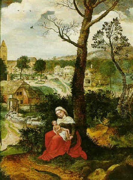 The Madonna And Child In A Wooded Landscape, A Village Scene Behind Oil Painting by Pieter Coecke van Aelst the Elder