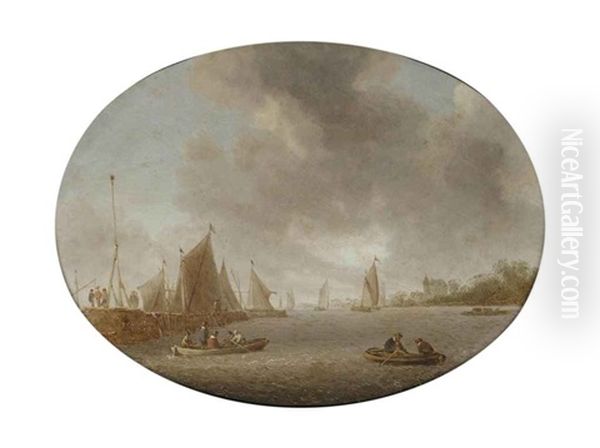 A River Landscape With Figures In Rowing Boats Near A Jetty, Sailing Vessels And A Castle Beyond Oil Painting by Jan Coelenbier