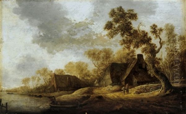 Bauernhauser An Einem Flus Mit Reisenden Und Anglern Oil Painting by Jan Coelenbier