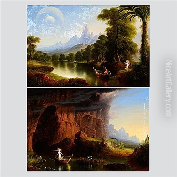 Youth; Childhood (2 Works From Voyage Of Life Series) Oil Painting by Thomas Cole