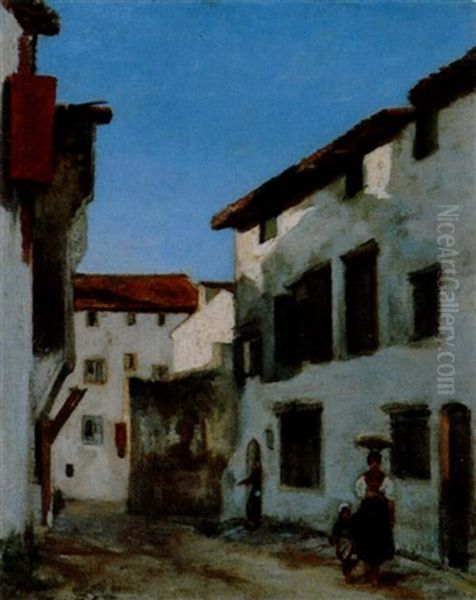 Dorfstrasse Mit Figurenstaffage Oil Painting by Gustave Colin