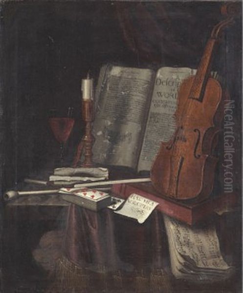 Stilleben Med Violin, Kortlek Och Bocker Oil Painting by Edward Collier