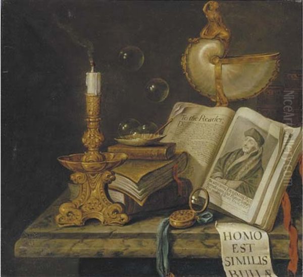 A Vanitas Still Life: A Gilt Candlestick, Books, Soap Bubbles, A Pocket Watch And A Nautilus Cup On A Marble Ledge Oil Painting by Edward Collier
