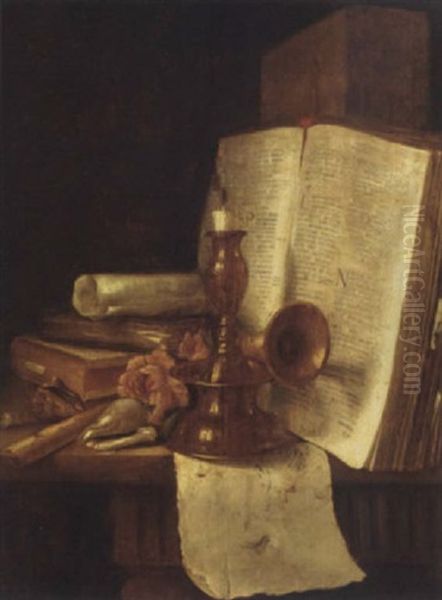 A Brass Candlestick, Books, Roses And Shells On A Table Oil Painting by Edward Collier