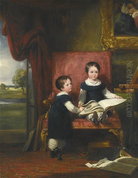 Lord Charles (1813-1894) And Lord Thomas (1813-1882) Pelham Clinton, Twin Sons Of The 4th Duke Of Newcastle-under-lyne, Leafing Through Books In An Interior Oil Painting by William Collins