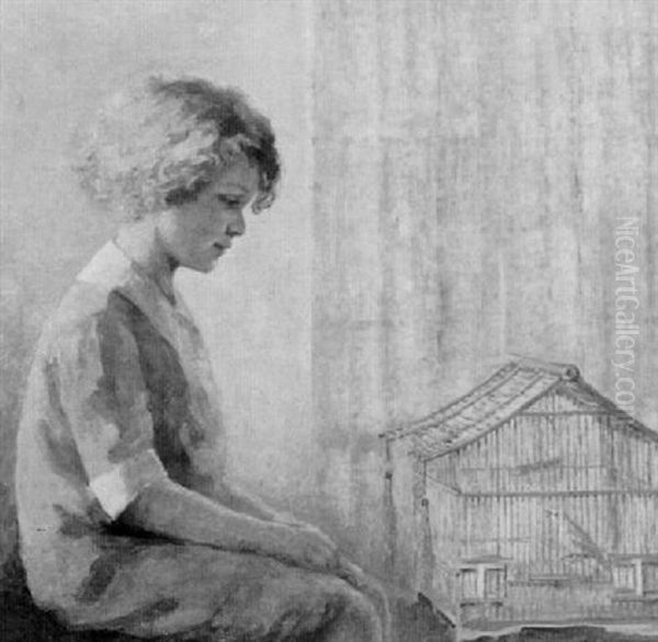 In Front Of The Birdcage Oil Painting by Ethel Blanchard Collver