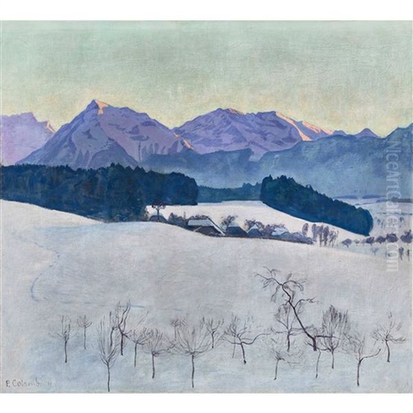 Winterlandschaft In Der Morgensonne Mit Berner Alpen Oil Painting by Plinio Colombi