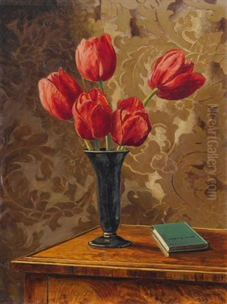 Stillleben Mit Tulpen Und Buch Oil Painting by Plinio Colombi