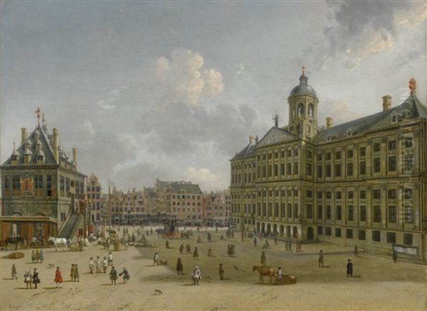 Amsterdam, A View Of Dam Square, Towards The Kalverstraat With The Town Hall To The Right, And The Waag To The Left Oil Painting by Jan ten Compe