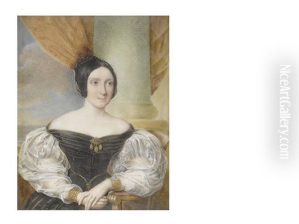 A Lady, Believed To Be Caroline Oakes Nee Bryan (b.1805), Seated Before A Stone Column And Wearing Black Decollete Dress With White Lace Bouffant Sleeves, Jewelled Cuffs To Her Wrists And Brooch To Her Corsage Oil Painting by Jacques Louis Comte