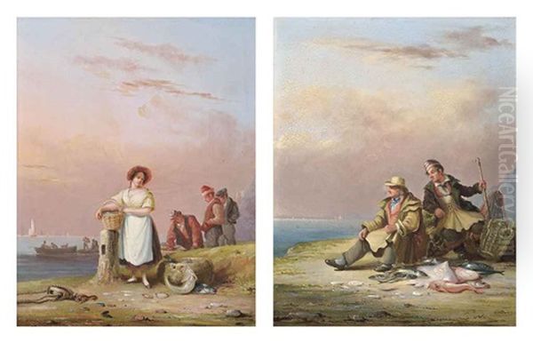 Sorting The Catch (+ Fishermen Seated On The Shore; Pair) Oil Painting by Nicholas Matthew Condy