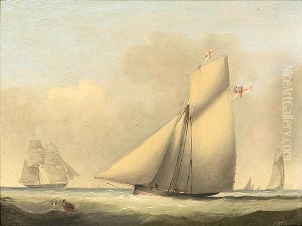 A Racing Cutter Of The Royal Yacht Squadron Approaching The Turning Mark, With A Naval Brig Off Her Starboard Bow Oil Painting by Nicholas Matthew Condy